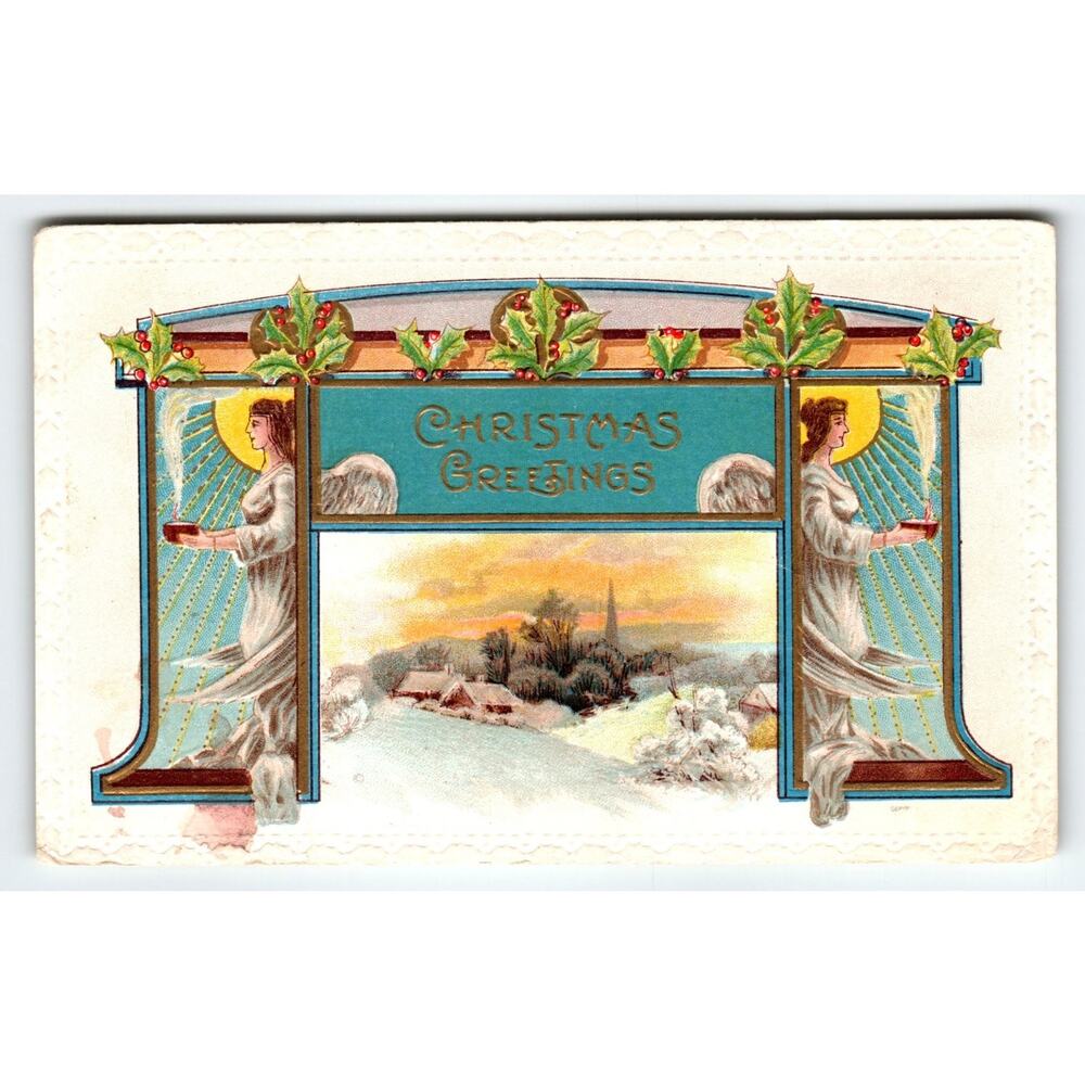 Vintage 1910 Divided Back Christmas Greetings Postcard with Angel & Snow Scene